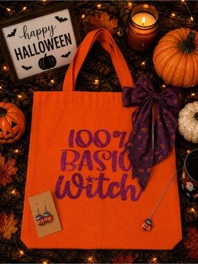 Orange Halloween Tote Bag with Purple Glitter "100% Basic Witch" Bundle